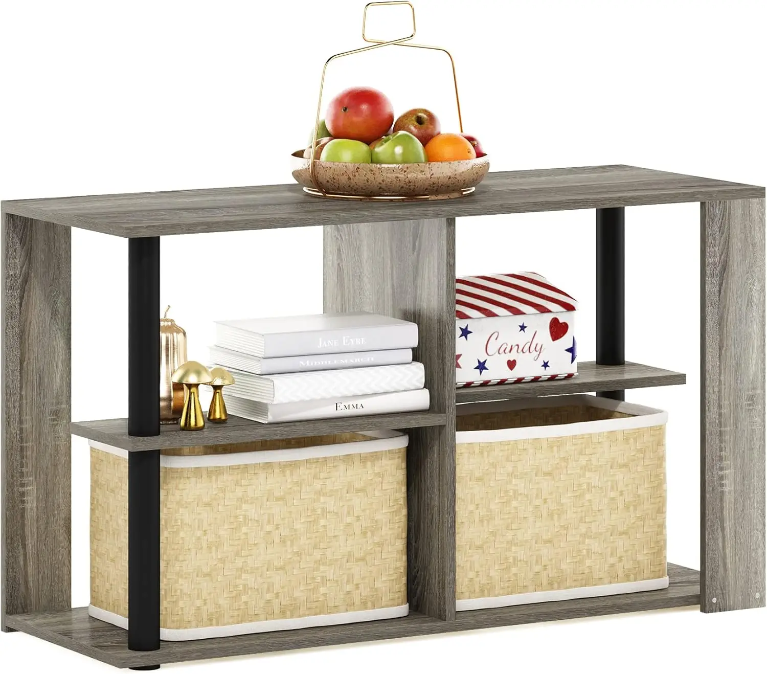 

Narrow End Table with Adjustable Shelves, French Oak Finish and Black Frame, Modern Minimalist Design for Living Room or