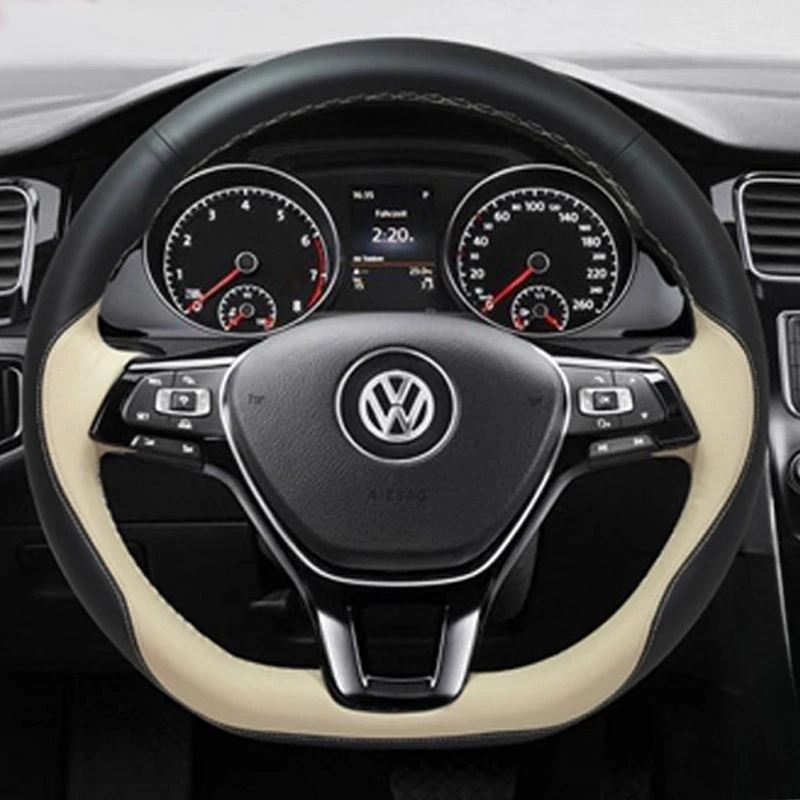 

Hand-stitched Black white Genuine Leather car steering wheel cover 100% For Volkswagen Golf 7 Polo Passat Tiguan 2013-2021