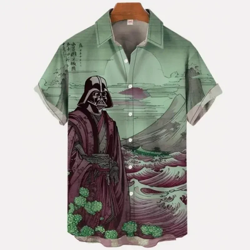 Vintage Men's Shirt Ukiyo-E Retro Masked Samurai Landscape Painting Print Short-Sleeved Shirts Loose Oversized Men Clothing Tops