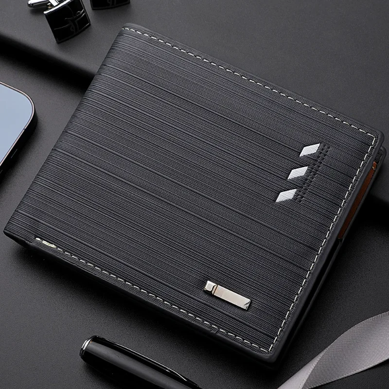 Business Men's Short Wallet Microfiber Synthetic Leather Short Wallets Men Stripe Male Purse Coin Pouch Multi-functional Cards