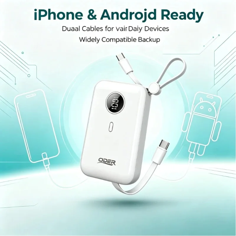 QDER PD-10F Mini Externer Akku 10000mAh 22,5W PD Schnellladung Eingebautes Typ-C Lightning-Kabel Flugzeugtaugliche Tragbare Powerbank für Smartphones