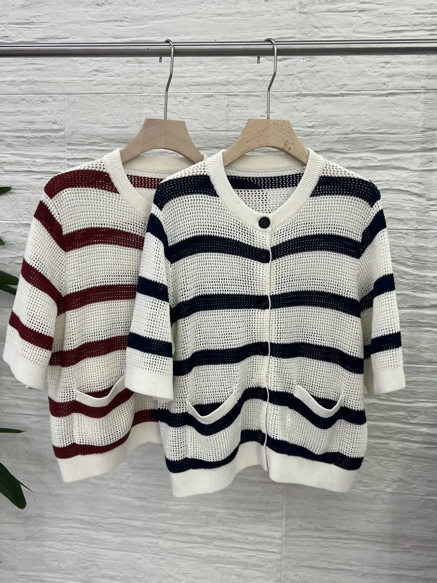 

Women Striped Hollow Out Knitted Cardigan Single Breasted Round Neck Short Sleeve Fashion Ladies Linen Blend Sweater