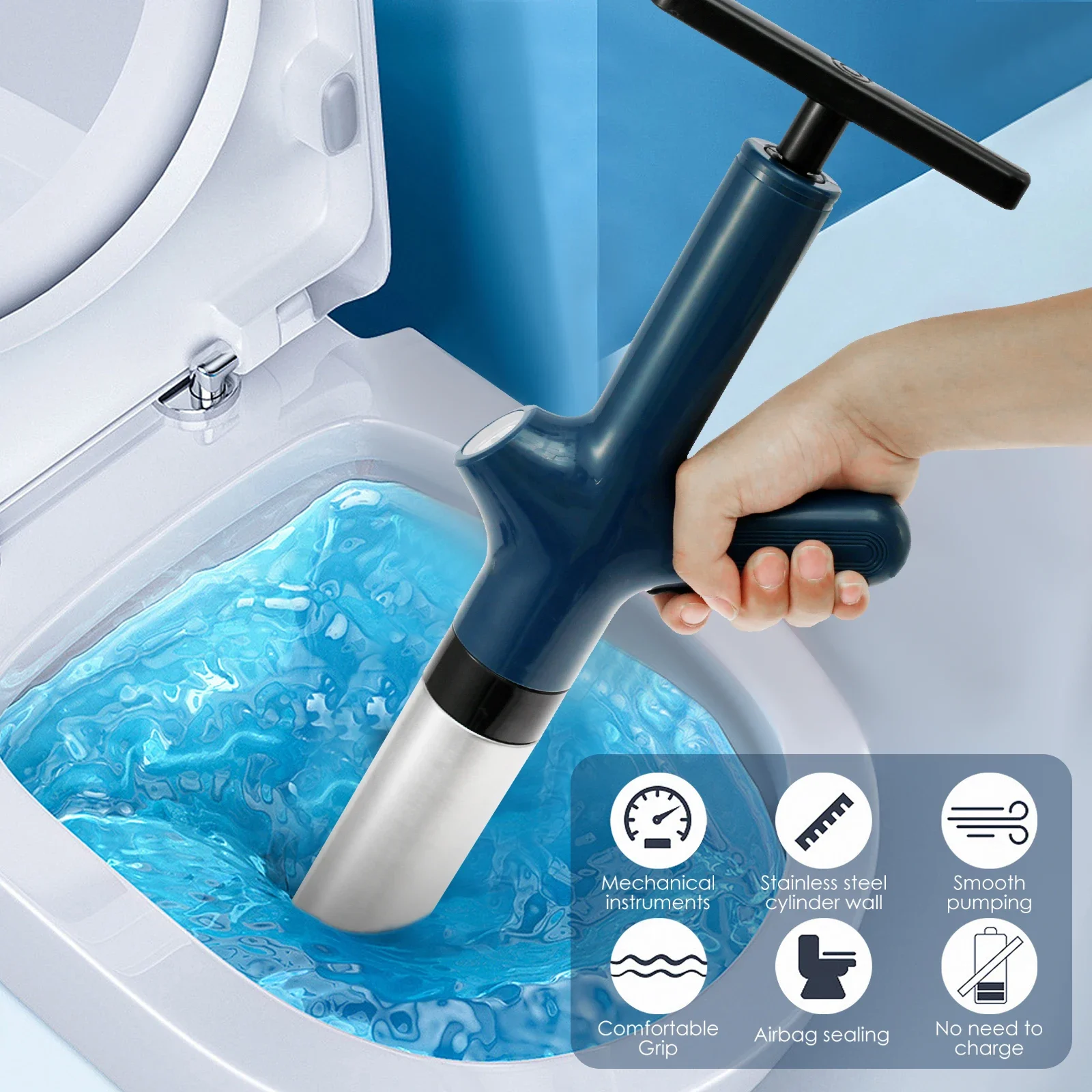 Toilet Unclogger High Pressure Air Toilet Plunger with Real-Time Barometer Drain Clog Remover for Toilet FloorDrain Kitchen Sink