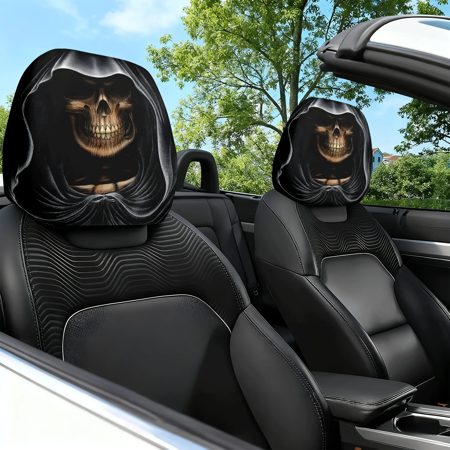 2pcs Skull and Cape Mysterious Art Theme Printed Car Seat Cushion Headrest Neck Pillow Cover - Featuring a Cute Design - Car I