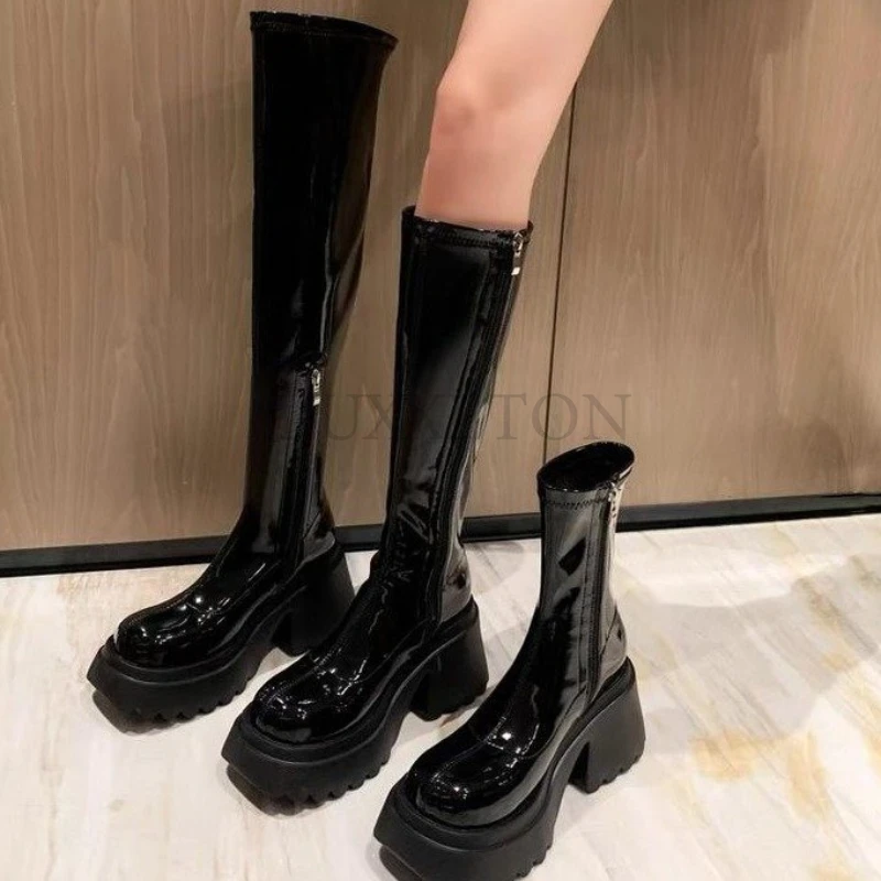 Punk Style Woman Knee- High Boots Zipper Fashion Patent Leather Long Booties Autumn Winter High Heel Ladies Shoes