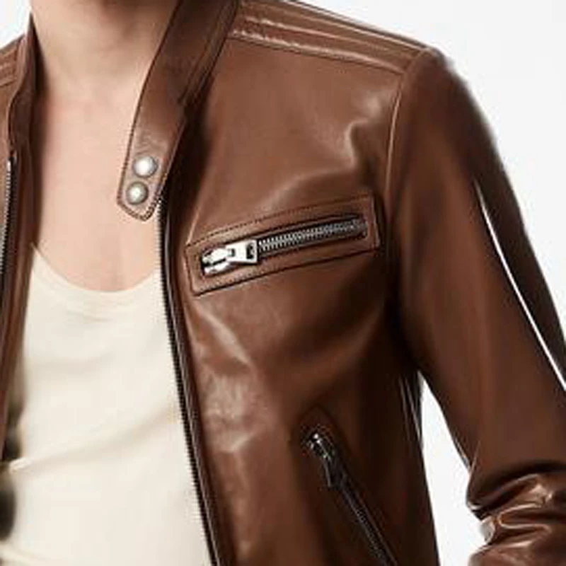 High-Quality British Fashion Leather Jacket for Men - Brown Sheepskin Custom Short Stand-Up Collar Coat