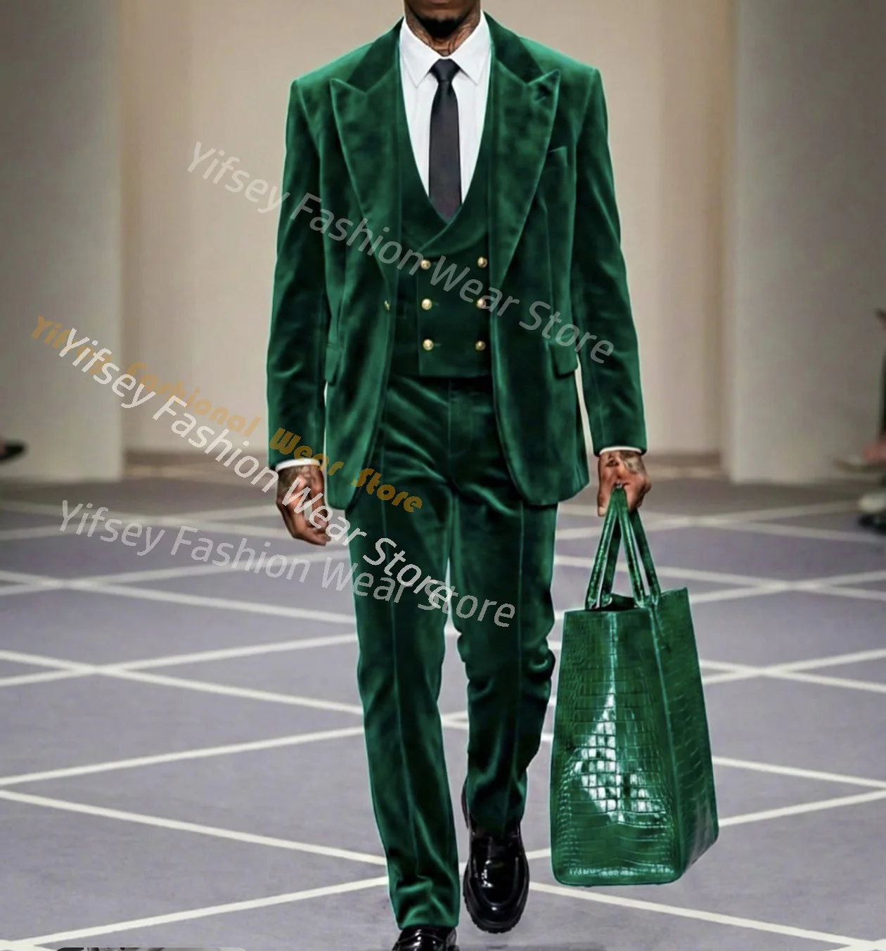 

Green Velvet Jacket Vest Winter Warm Blazer Trousers Men Suits Sets Wedding Groom Custom Daily Male Pants Outfits Social Wear