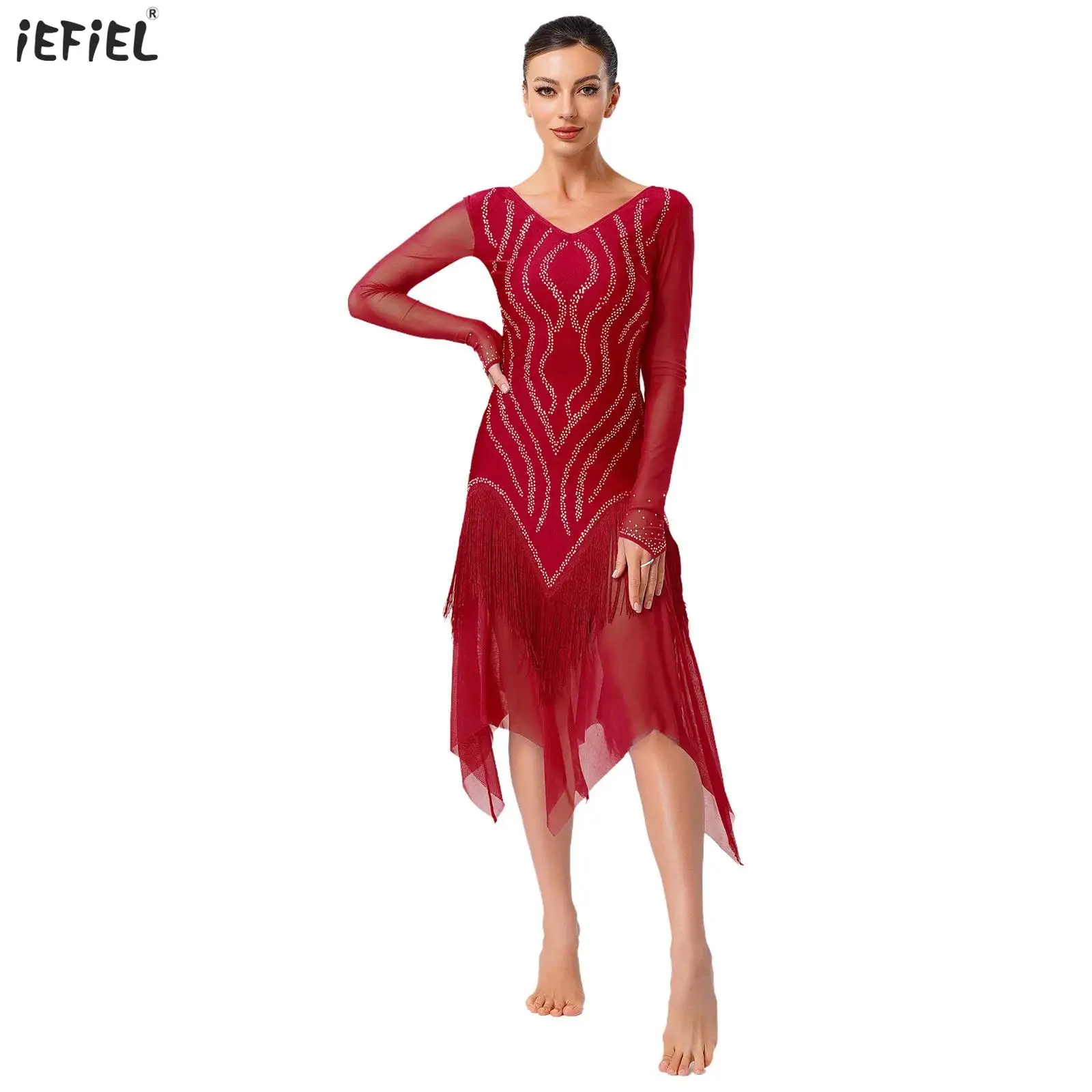 

Womens Shiny Rhinestones Latin Dance Dress Long Sleeve Tassels Irregular Hem Dresses for Tango Rumba Dance Party Prom Dancewear