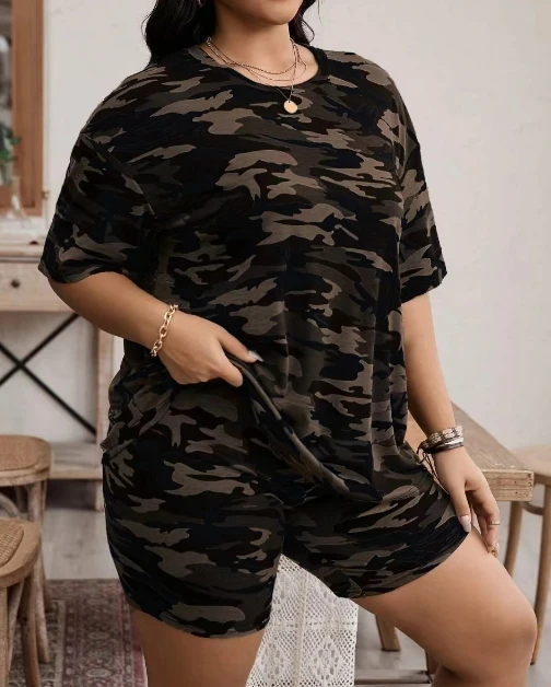 Plus Size Casual Women's Tracksuit 2024 Summer Camouflage Print Round Neck Short Sleeve Pullover +High Waist Short Sportswear