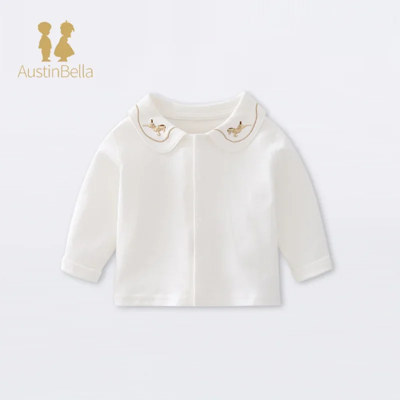 100% Cotton Embroidered Children's Clothing Baby T-Shirt Turn Down Collar T-shirt Long Sleeved Single Breasted Tops