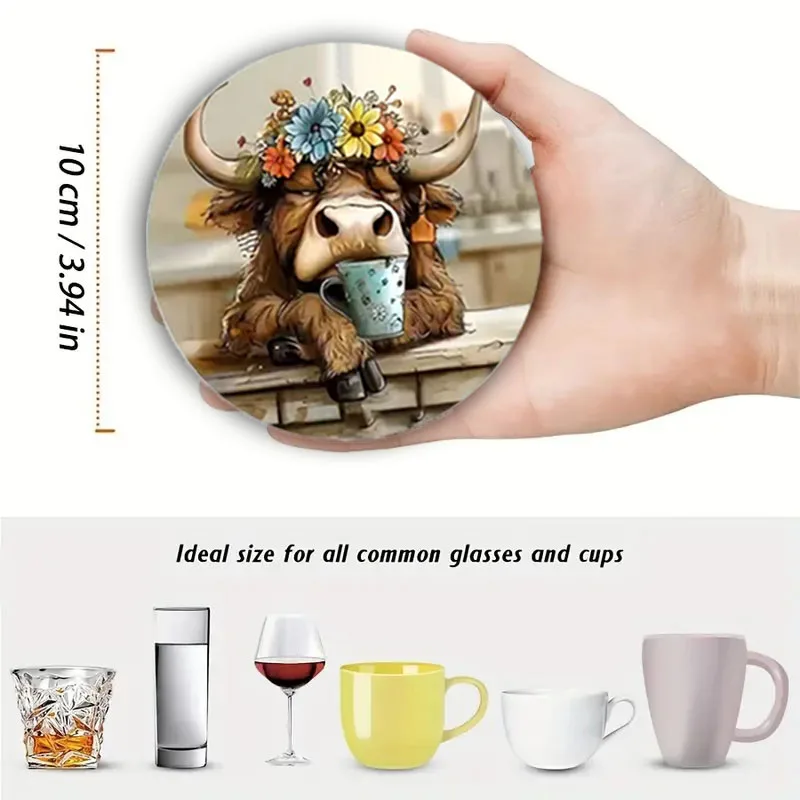 A 6-Piece Set of Wooden Round Coasters with a Calf Pattern Theme Is Suitable for Living Rooms, Bedrooms, and Christmas Gifts