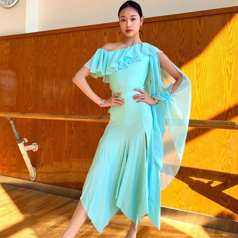 Adults Latin Dane Competition Clothes Irregular Sleeve Ruffeld Top Skirts Women Samba Ballroom Dance Performance Wear SL14568