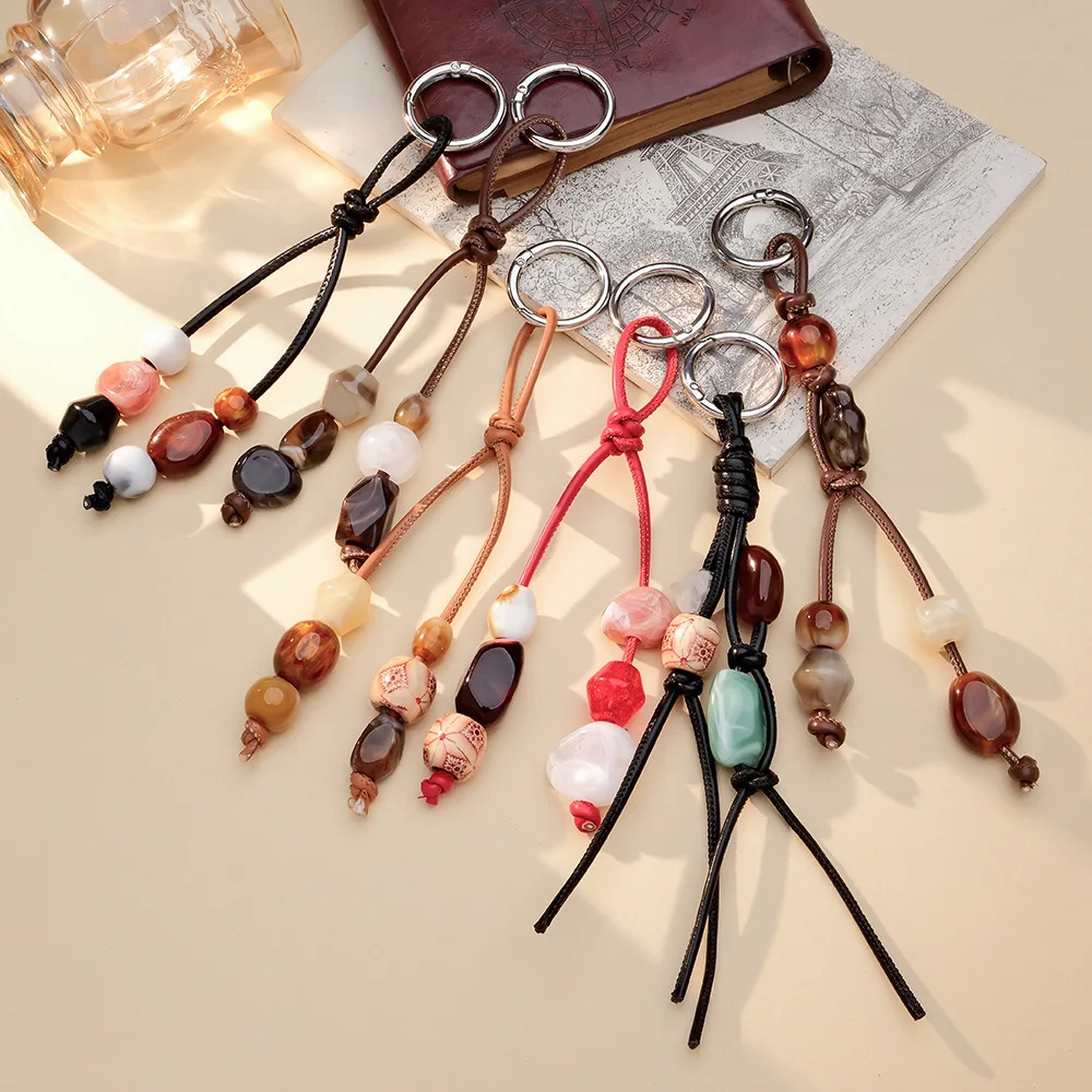 Vintage Acrylic Beads Charm Keychain Easy To Hang And Retrieve Keyring Decoration PU Leather Hand Weaving Pendant Bag Accessorie