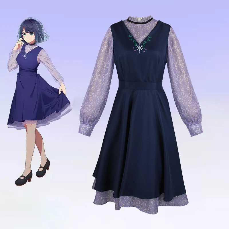 Disfraz de Cosplay de Oshi no Ko Akane Kurokawa, Camisa de Chifón Morada de Anime, Vestido Azul Oscuro, Ropa para Juego de Roles de Halloween