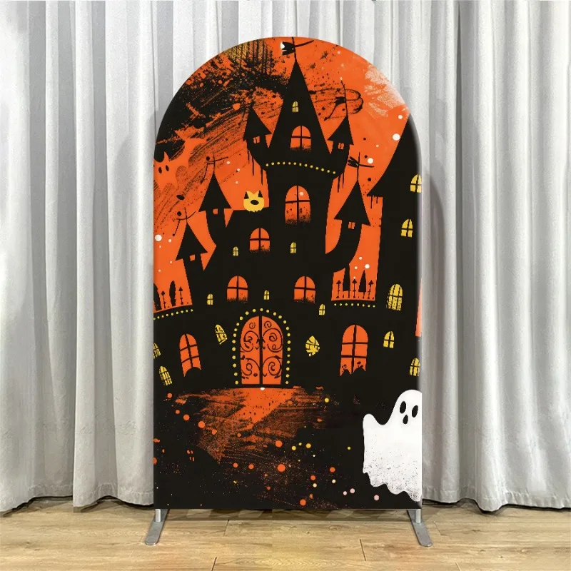 Arch Backdrop Cover Single Side Halloween Spooky Castle Ghosts Pumpkins Orange Party Decoration Photo Booth Background Event