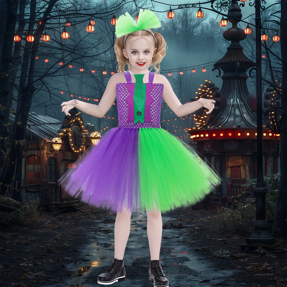 Kid Purim Cute Naughty Clown Costume Purple Green Circus Cosplay Carnival Halloween Fancy Party Dress Tulle Girls Tutu Dress