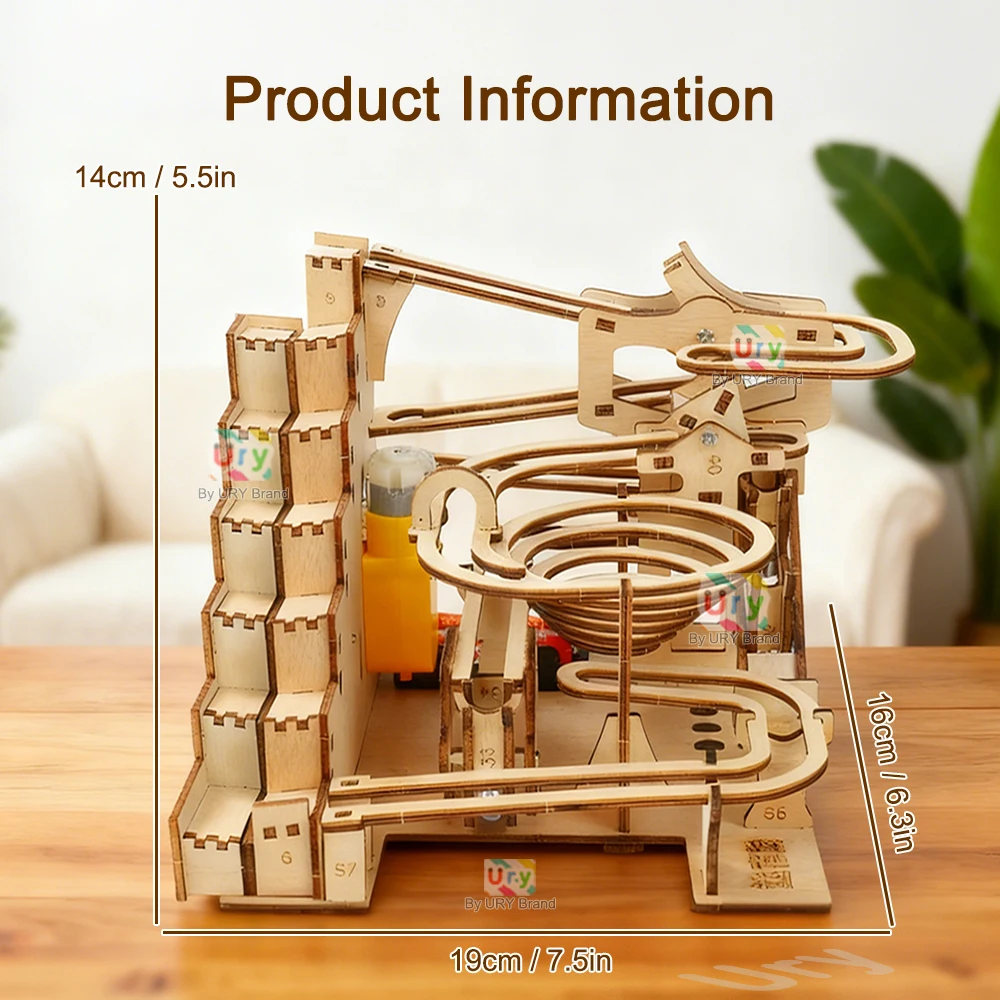 Ury 3D Wooden Puzzles Electric Staircase Track Device Marble Run Set Mechanical Model Science Maze 6 Balls Assembly Gift for Kid