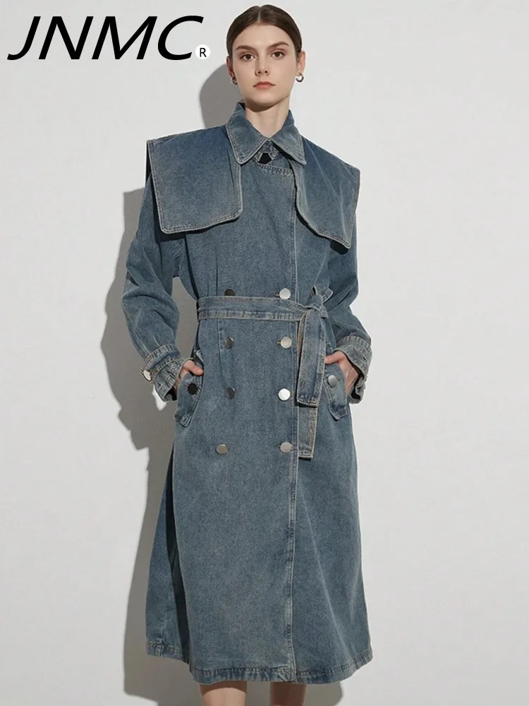 

JNMC Women's Fashion Retro Denim Trench Coat Coat Design Sense Patchwork Strap Long Waist Straight Coat Dress 2024 Autumn/Winter