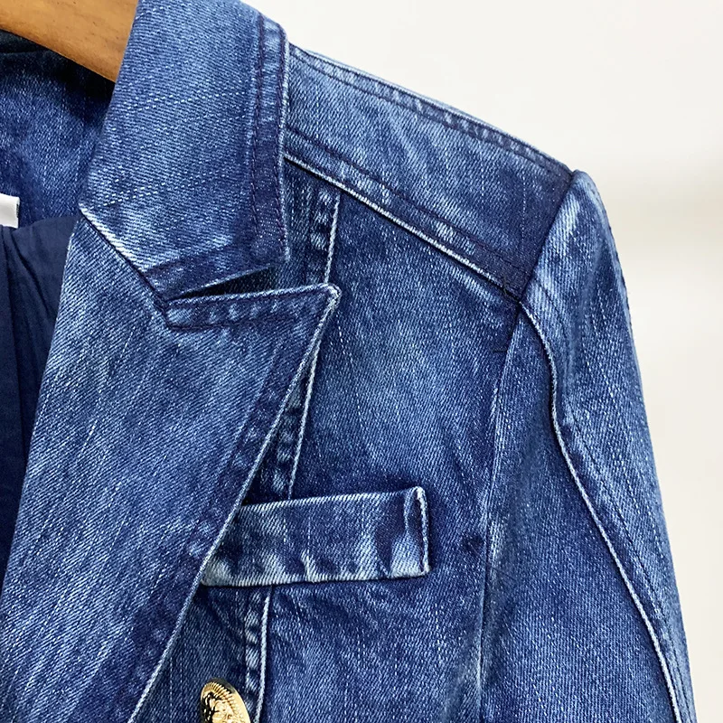 Jaket Blazer lengan panjang wanita, kualitas tinggi musim gugur musim dingin kepala singa kancing emas baru di luar pakaian Denim dicuci setelan ramping