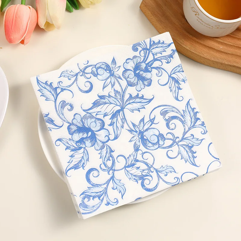 10/20 قطعة 33 سنتيمتر 2Layer الأزرق زهرة المطبوعة المناديل النمط الصيني الأزرق والأبيض الطرف ورق تزيين DIY Decoupage ورقة