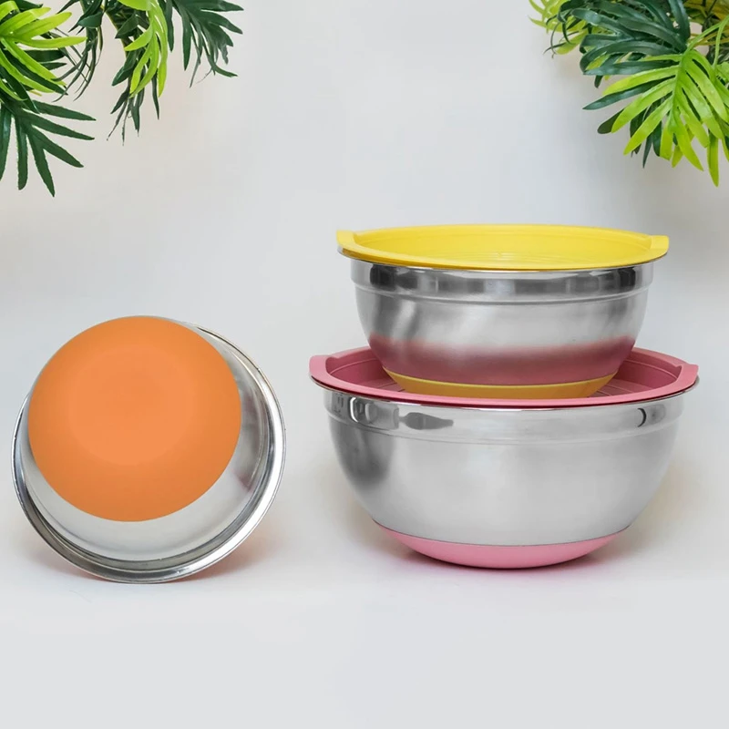 5Pcs Stainless Steel Mixing Bowls 18-26Cm Diameter Metal Nesting Bowls With Colorful Airtight Lids Non-Slip Bottoms