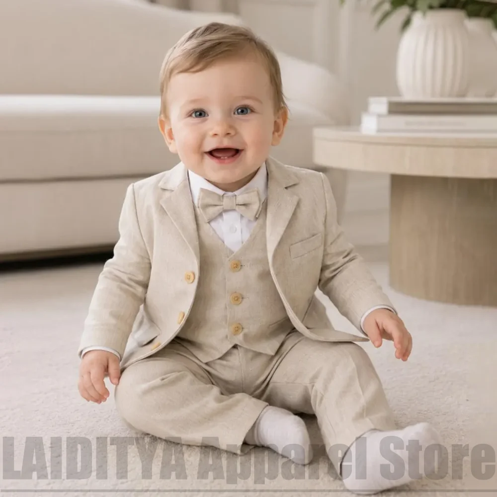 Chic Baby Boy Linen Suit 3 Piece Blazer Vest Pants Formal Outfit For Wedding Baptism Birthday Party Daily Kids Wear Clothes