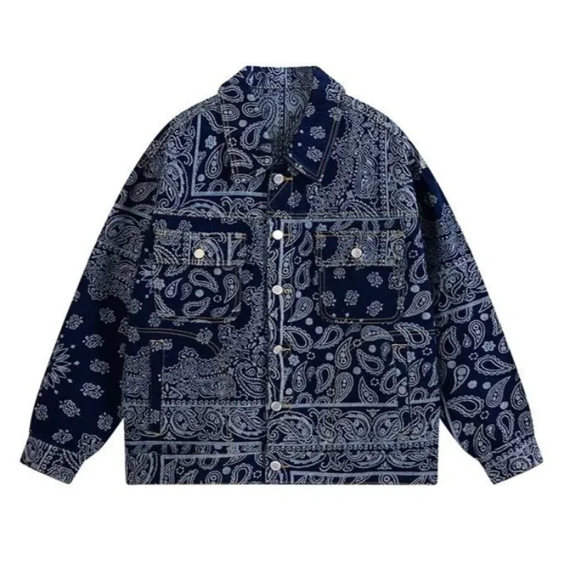 

Джинсовая куртка в стиле ретро с цветком кешью, мужская уличная одежда, красивая повседневная жаккардовая куртка, модные свободные пальто с лацканами и длинными рукавами