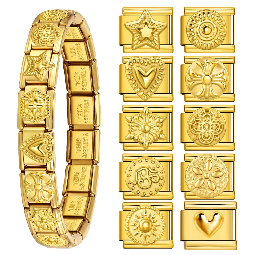 Vintage Blumen-Herz-Stern-Sonne Gravierte Vergoldete Edelstahl-Schmuckteile Italienischer Charm-Link 9mm Armband-Zubehör – Detail 1