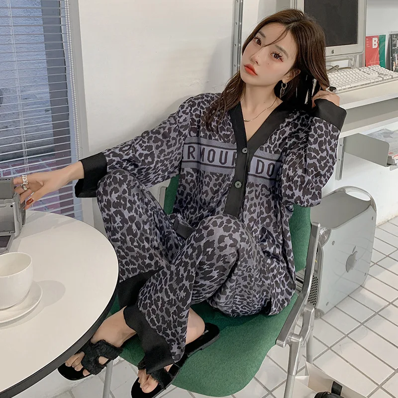 Leopard Print Ice Silk Pajamas Women's Cool Feeling in Summer Silk Slip Thin Cardigan V-Neck Long Sleeve Long Pants Sleepwear