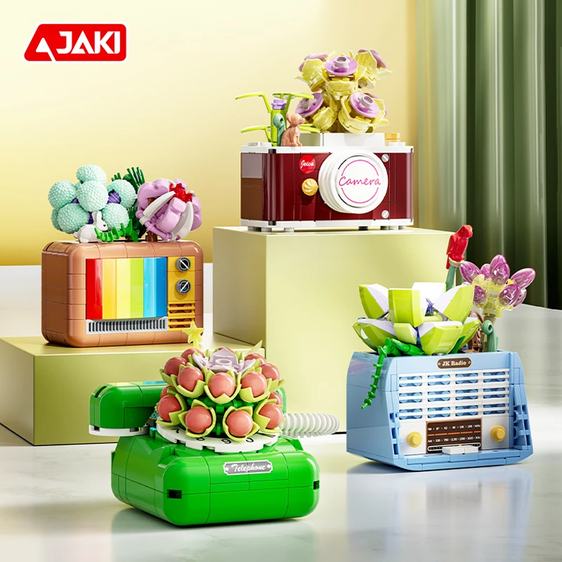 JAKI Creative Building Blocks Tv Radio Telephone Camera Succulent Funny Puzzle Flowers For Kids Educational Toy