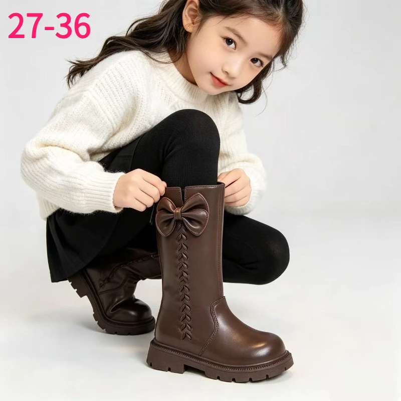 Girls Mid Calf Boots Kids PU Leather Winter Shoes Children Bowknot Warm Footwear Autumn Outdoor Walking Kids Long Shaft Boots