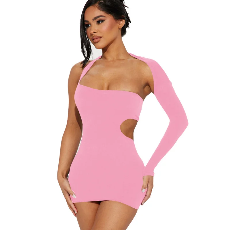 Sukienka na jedno ramię z długim rękawem w jednolitym kolorze Style2025Summer nowa seksowna sukienka o nieregularnym kroju