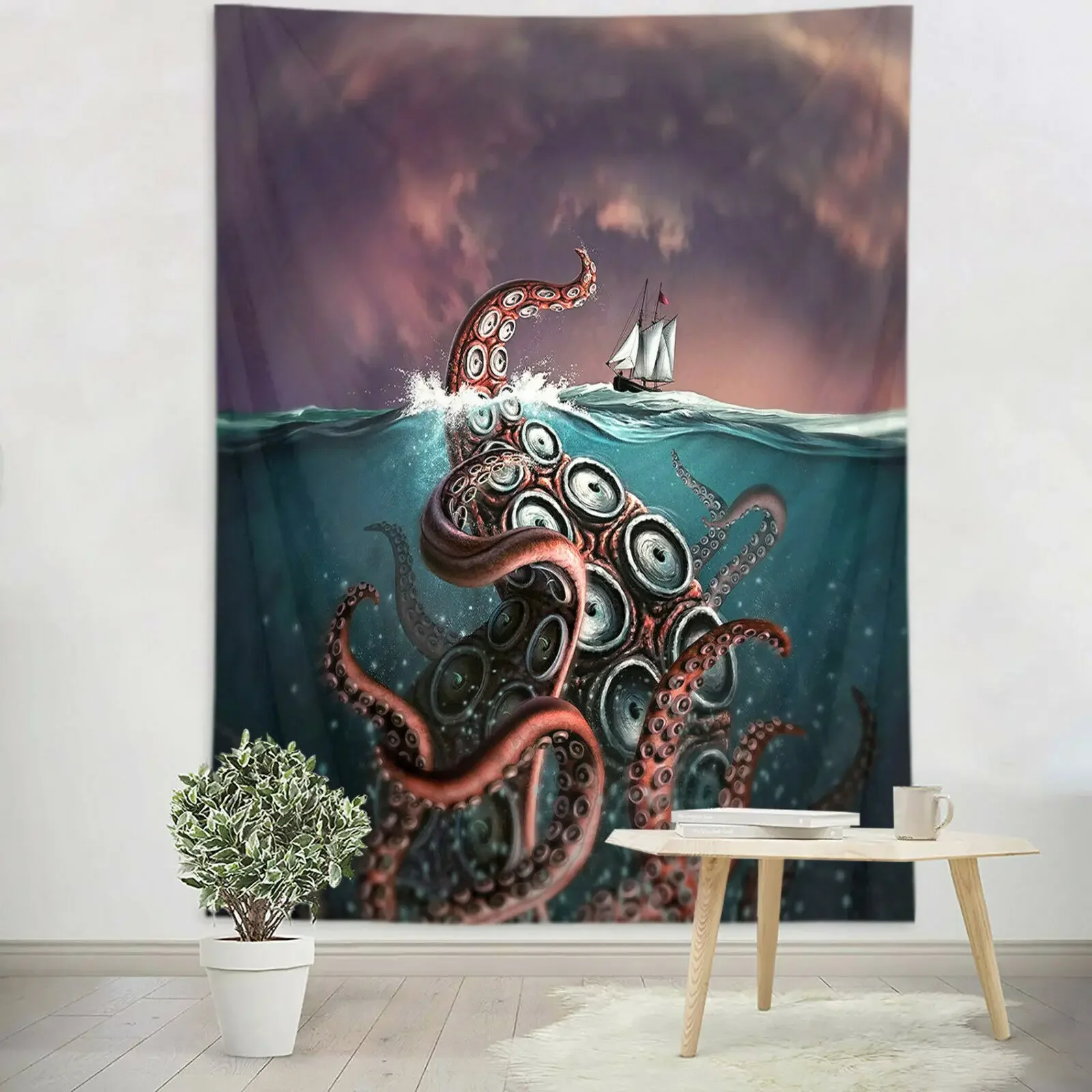 Octopus Monster Retro Sailboat Tapestry Wall Hanging For Living Room Bedroom Home Decor