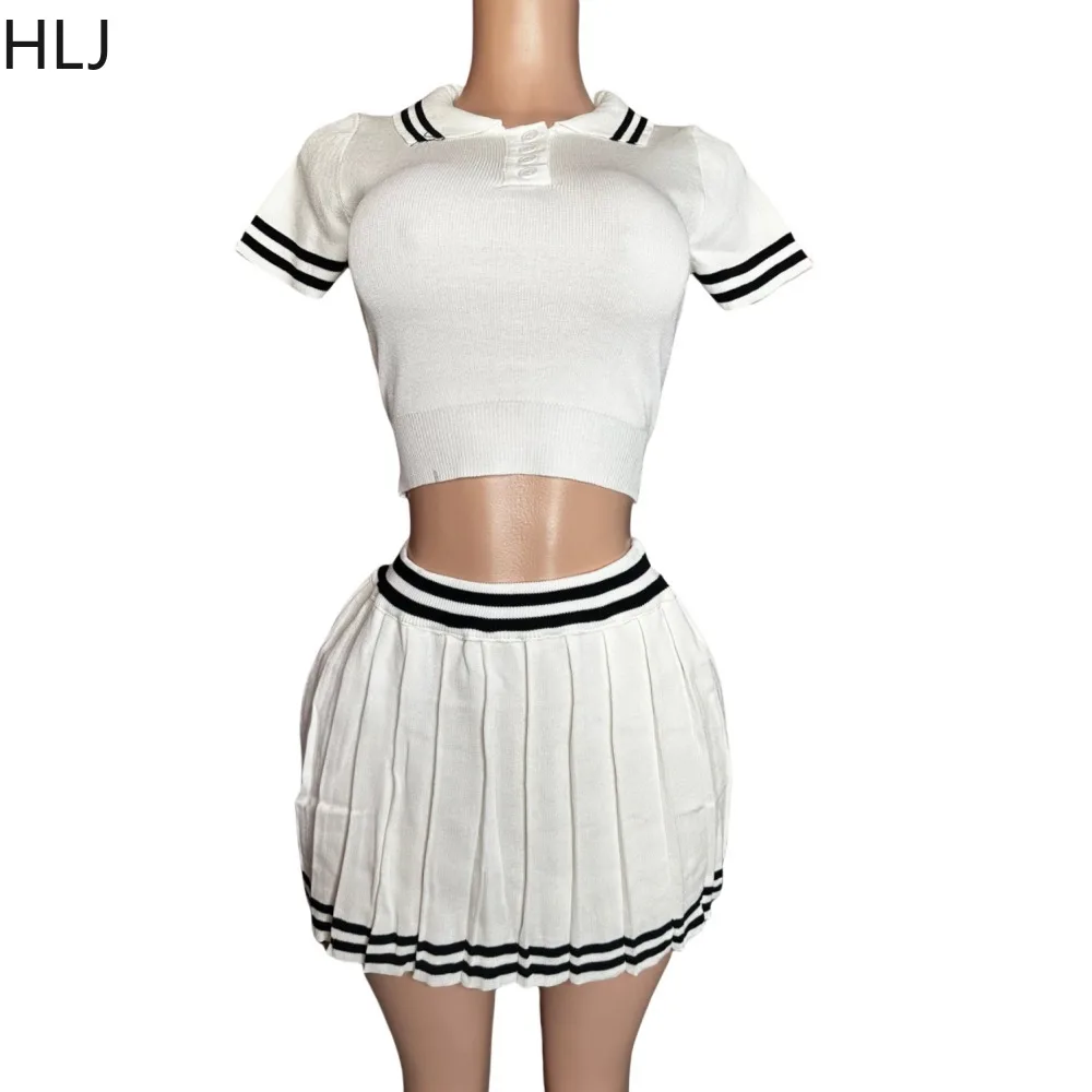 HLJ Y2K Fashion Knitting Mini Pleated Skirts Two Piece Sets Women Turndown Collar Short Sleeve Slim Crop Top And Skirts Outfits