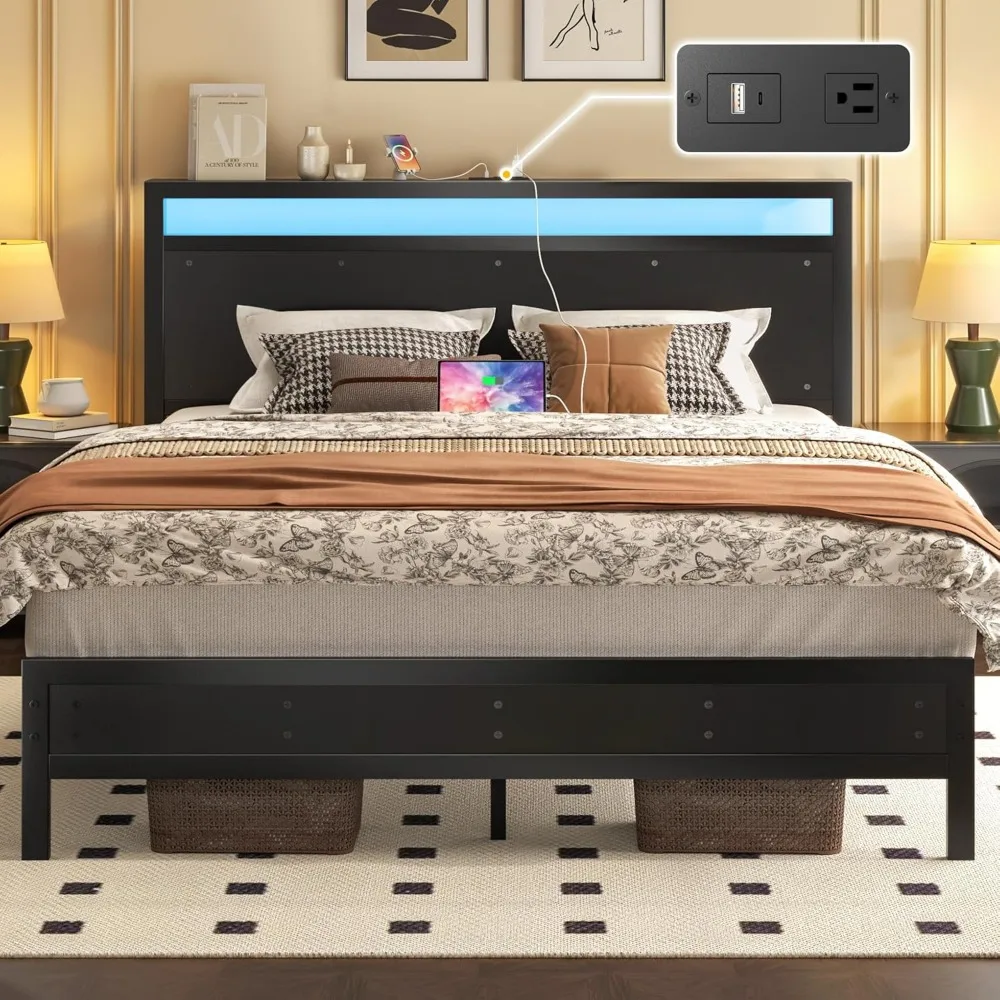 

Queen Bed Frame with Headboard & Footboard, Bed Frame with Built-in Charging Station & LED Light, Storage Shelf, Noise-Free, No