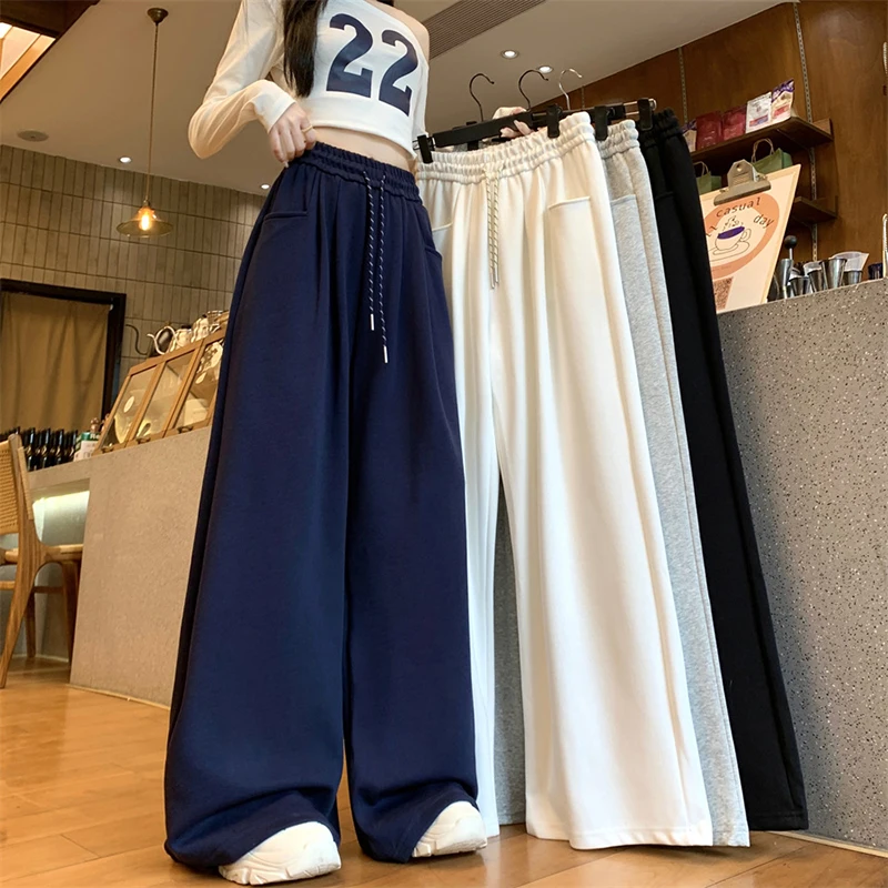 

Korean Retro Women All Match Sweatpants Casual Baggy High Waist Drawstring Trousers Female Autumn Winter New Wide Leg Pants