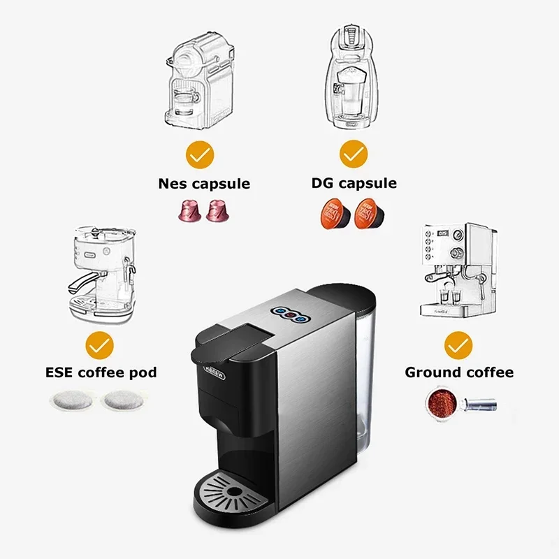 H3A Coffee Machine 4in1 Multiple Capsule Espresso Dolce Milk&Nespresso&ESE Pod&Powder Coffee Maker Stainless Metal Outook