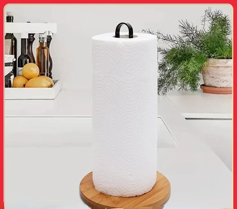 Wood Paper Towel Holder, Black Paper Towel Holder Countertop, Kitchen Towel Holder Free-Standing with Non-Slip Wooden Bas