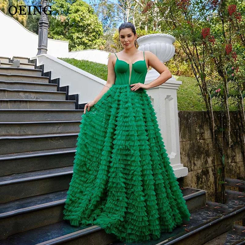 OEING Green Prom Dresses Elegant Spaghetti Strap Tulle Tiered Evening Dress Sheer Neck Wedding Party Gowns Vestidos De Noche