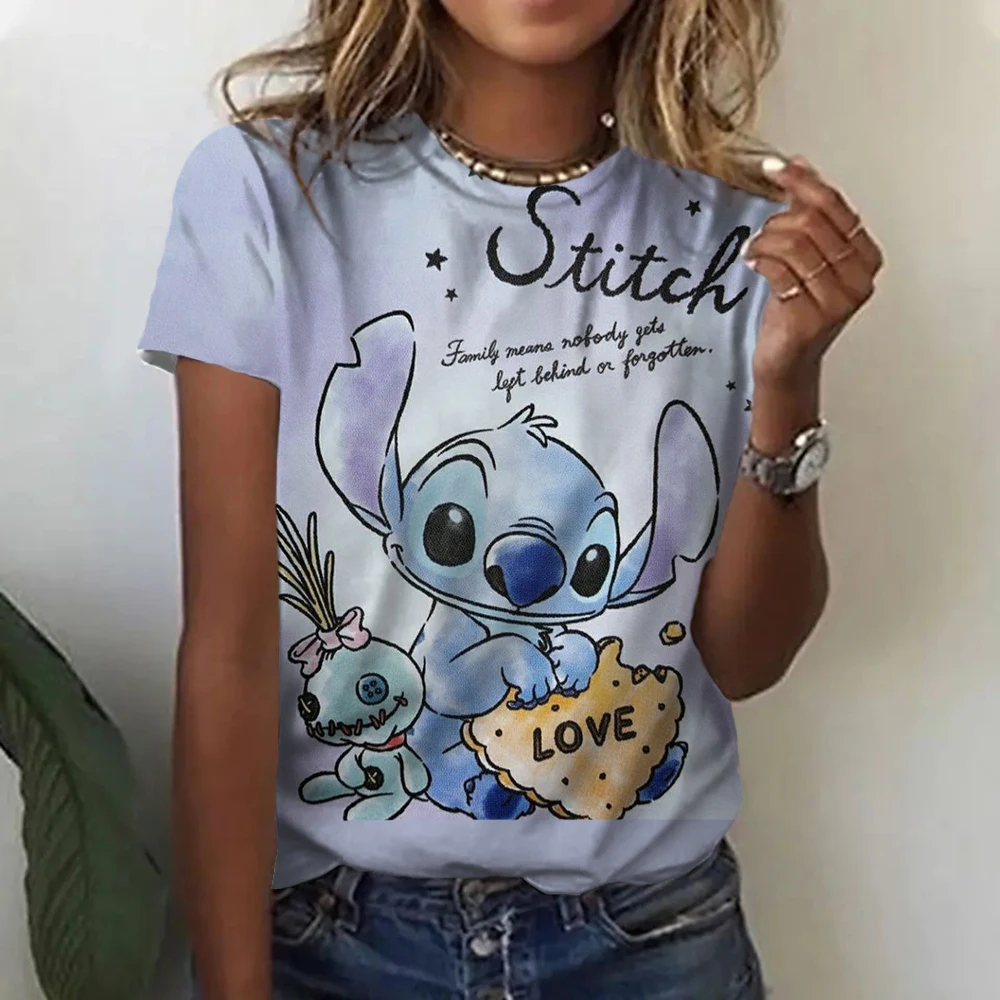 Kawaii Lilo Stitch Print T-shirts Tops for Women Lady Summer Children T-shirts Casual O-neck Ohana Stitch Disney T-shirts