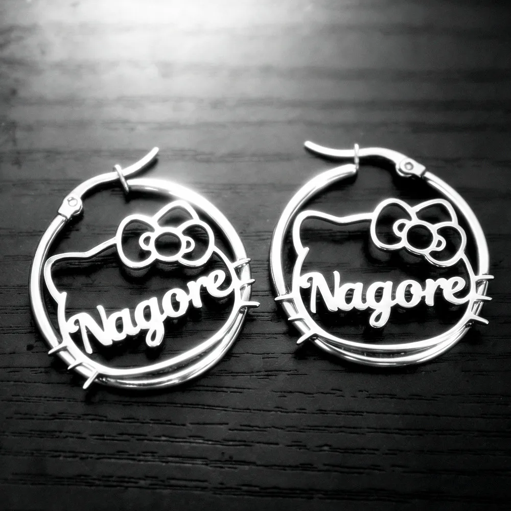 1 Pair Custom Name Earrings Stainless Steel Nameplate Cat Character Anti-allergy Earrings For Women Birthday Jewelry Gifts