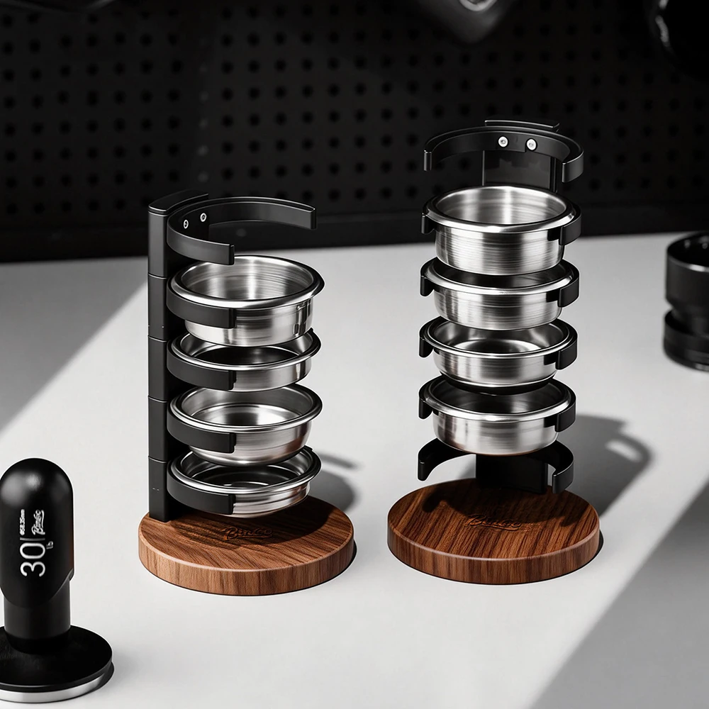 

Holds 6 Espresso Filter Basket Stand, 58mm Walnut Portafilter Basket Holder Rack for Coffee Bar Accessories