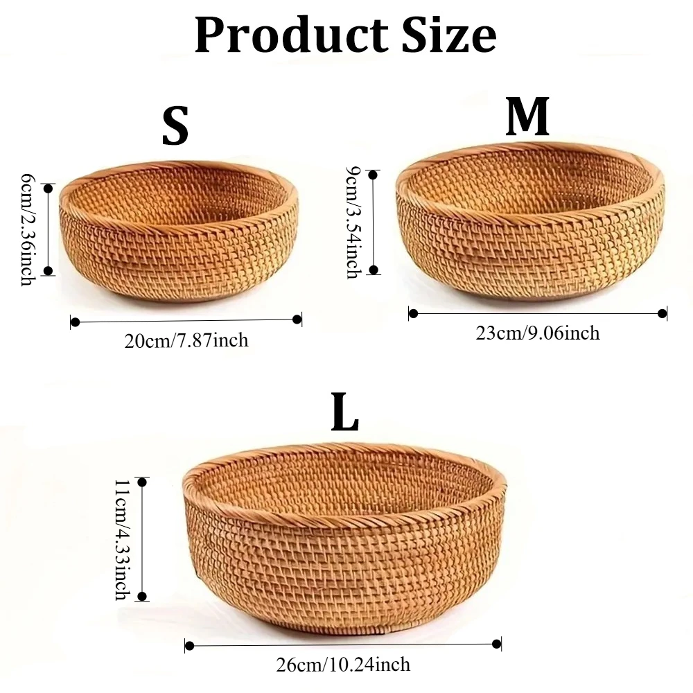 Handwoven Wicker Baskets Natural Rattan Round Fruit Basket Bowl Decorative Kitchen Counter Organizing Home Dinning Room Storage