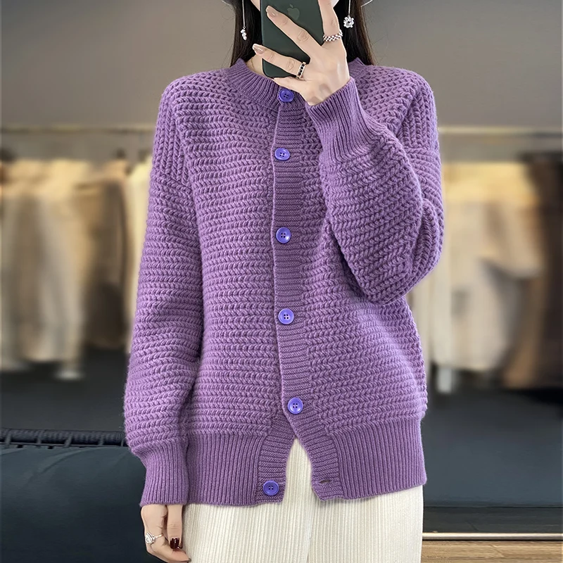 

DjzDsm Women Merino 100% wool top crewneck knitted cardigan Autumn and winter thickened casual sweater coat 2024 new model