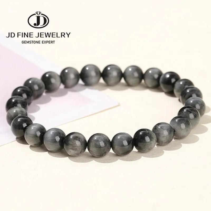 JD 5A Grade Natural Stone Grey Eagle Eye Falcon Eye Bead Strand Bracelet Men Women Beaded Bangles Unisex Healing Energy Gift