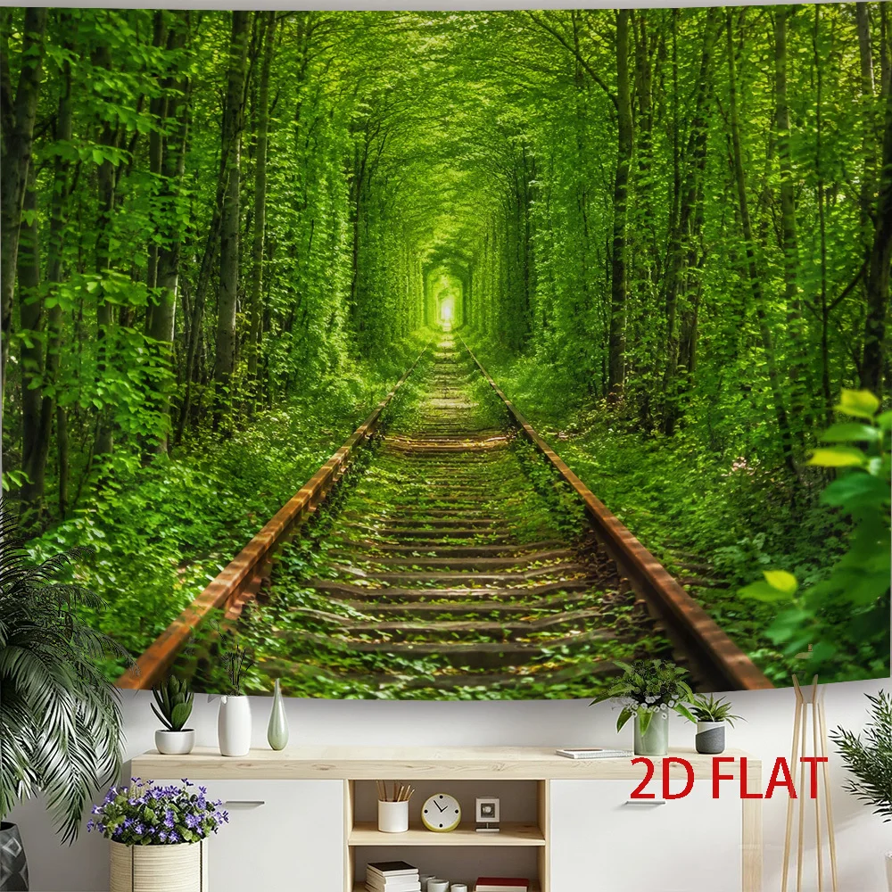 Forest Railway Tapestry, Green Tree Tunnel Abandoned Railroad Track, Nature Landscape Wall Hanging for Bedroom Dorm Decor