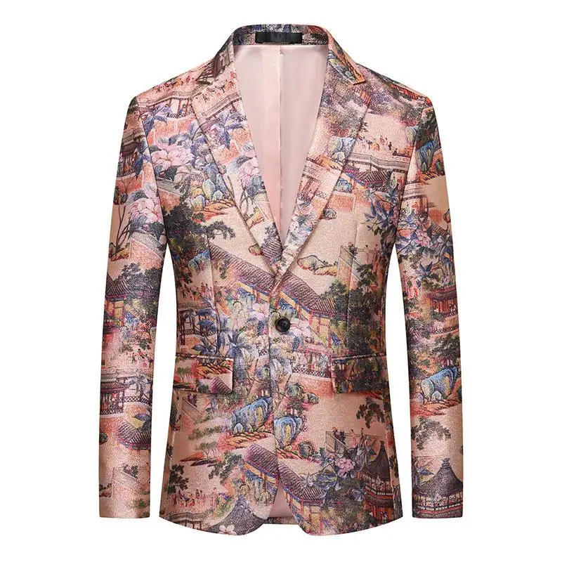 

HOO 2024 Men's New Slim Fit One Button Business Casual blazer Youth Fashion Landscape Jacquard blazer