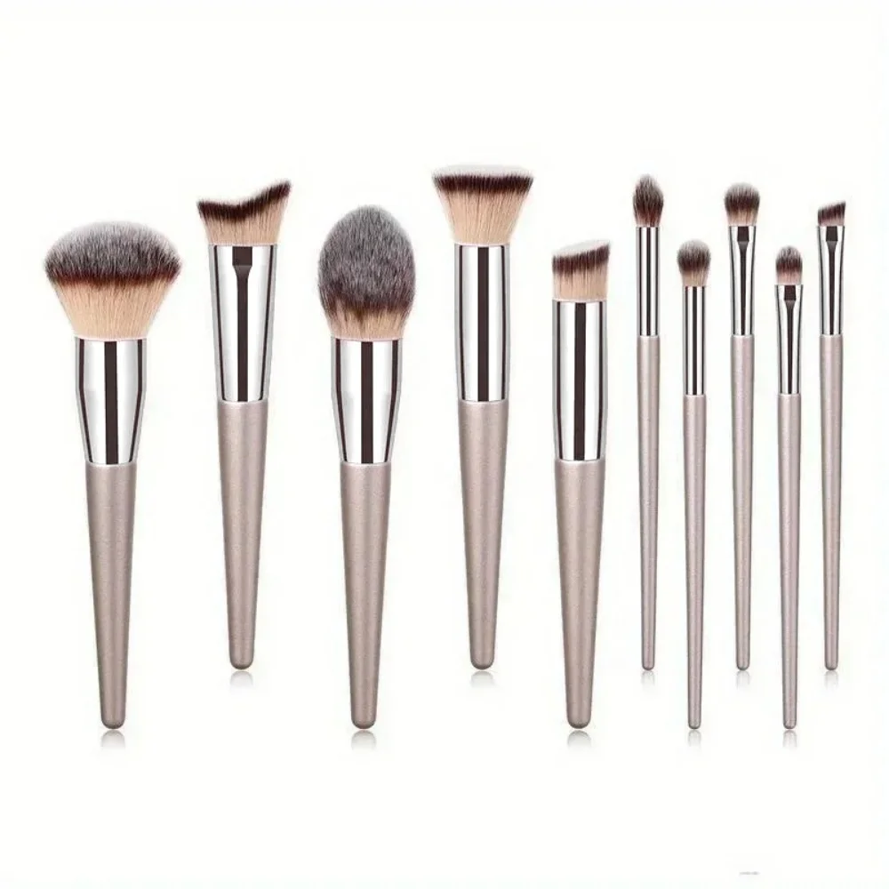 Ensemble de 10 pinceaux couleur or champagne, poils vegan et sans cruauté, kit complet de maquillage pour le visage et les yeux, pour débutants et professionnels