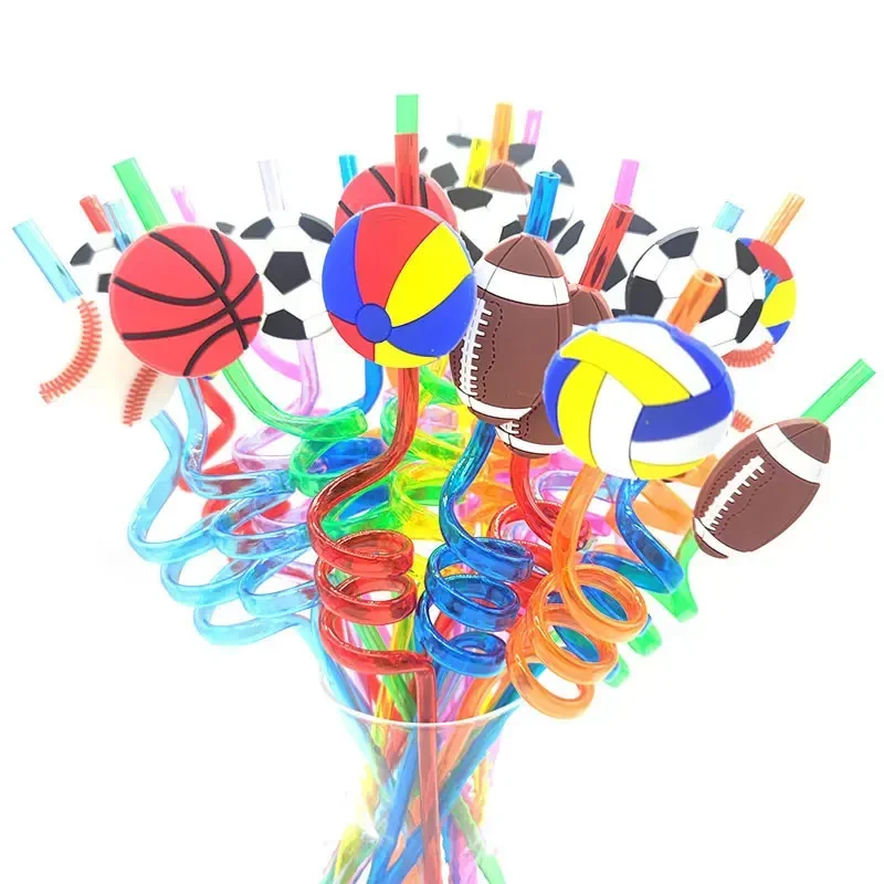 8pcs 26cm Soccer Ball/basketball/baseball Straws Cartoon Reusable Plastic Helical Drinking Straw Sport Boy Birthday Party Decors