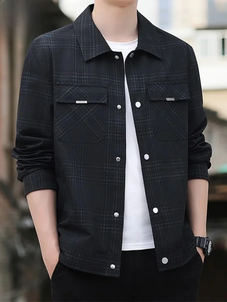 

Paul Men's Autumn Winter Jaet Coat Turn-down Collar Button Workwear Plaid Korean Version Mid-young Faion Upper Apparel